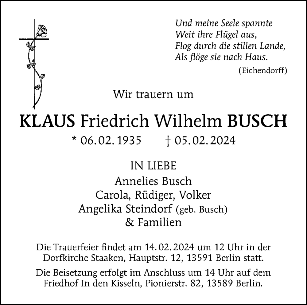  Traueranzeige für Klaus Busch vom 11.02.2024 aus Tagesspiegel