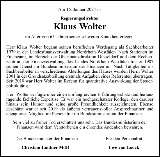 Traueranzeige von Klaus Wolter von Tagesspiegel