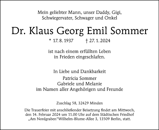 Traueranzeige von Klaus Georg Emil Sommer von Tagesspiegel