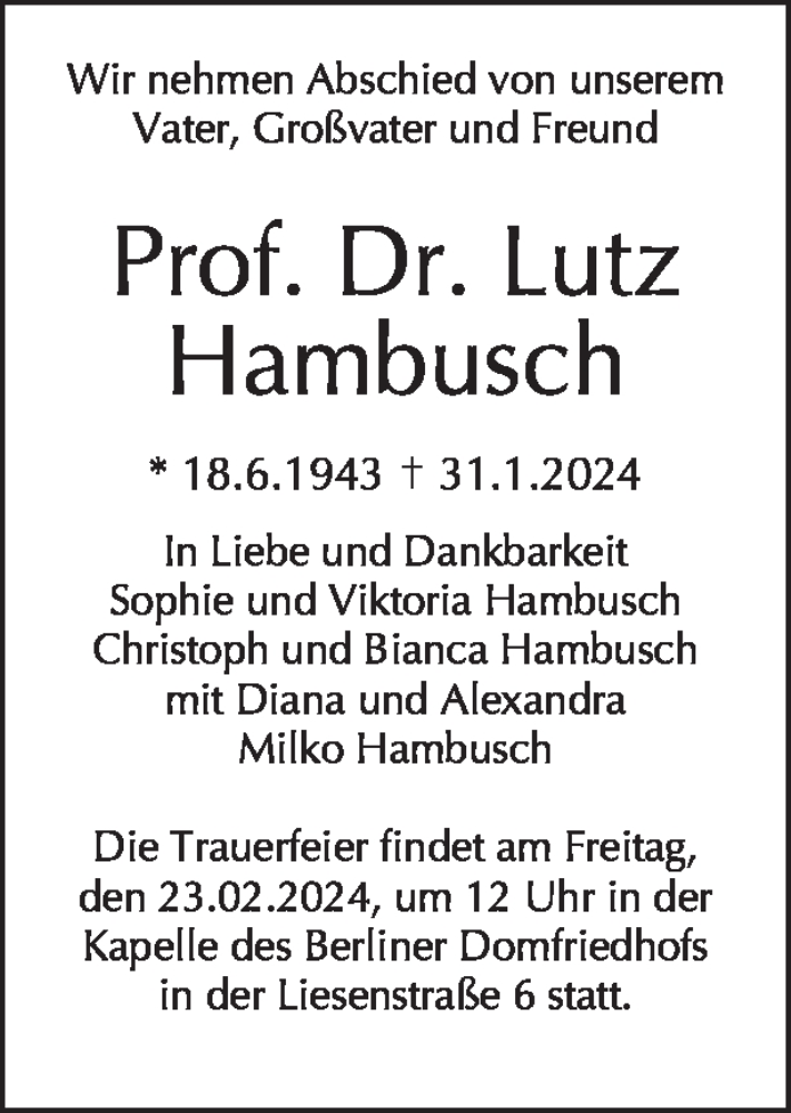  Traueranzeige für Prof. Dr. Lutz Walter Heinrich Hambusch vom 14.02.2024 aus Tagesspiegel
