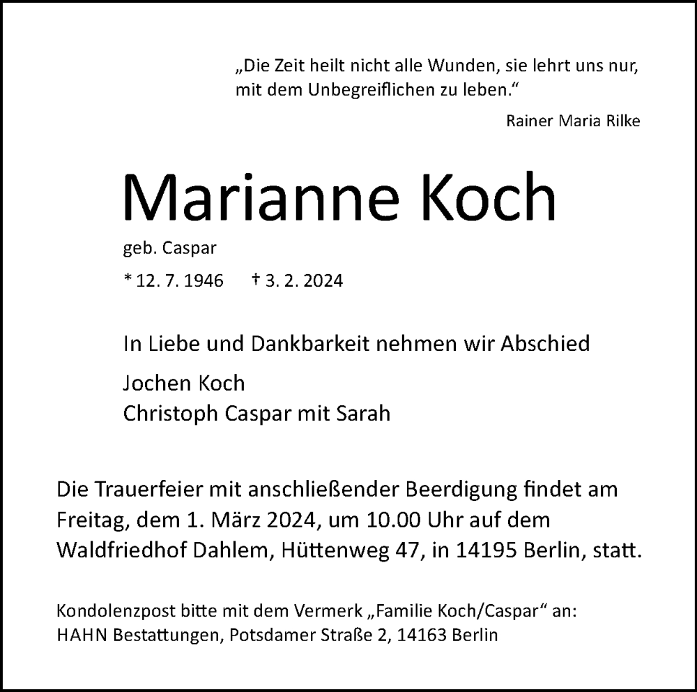  Traueranzeige für Marianne Koch vom 18.02.2024 aus Tagesspiegel