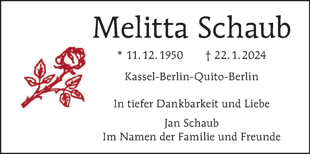  Traueranzeige für Melitta Schaub vom 11.02.2024 aus Tagesspiegel