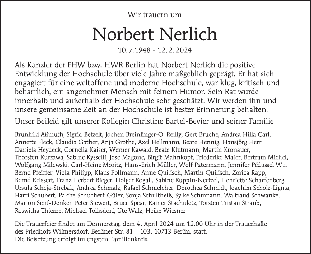  Traueranzeige für Norbert Nerlich vom 25.02.2024 aus Tagesspiegel
