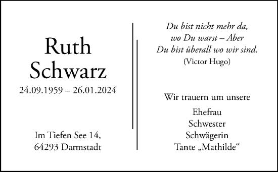 Traueranzeige von Ruth Schwarz von Tagesspiegel