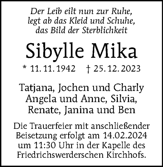 Traueranzeige von Sibylle Mika von Tagesspiegel