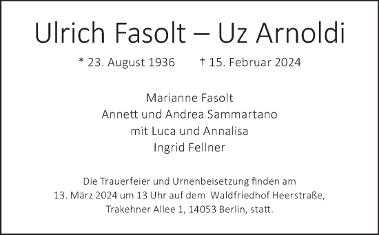 Traueranzeige von Ulrich Fasolt-Uz-Arnoldi von Tagesspiegel