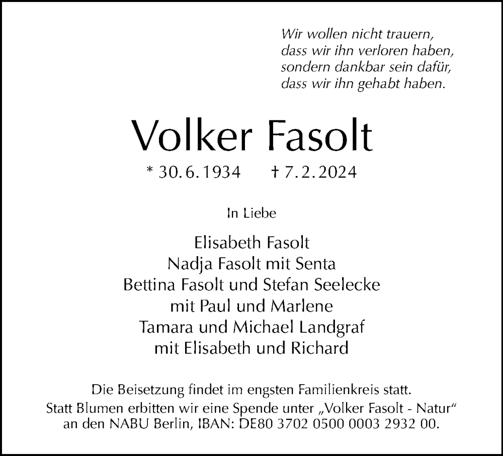  Traueranzeige für Volker Fasolt vom 11.02.2024 aus Tagesspiegel