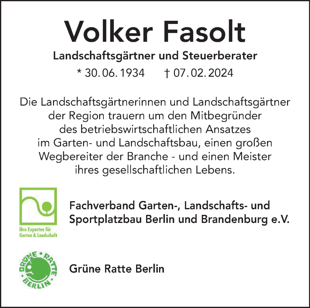  Traueranzeige für Volker Fasolt vom 18.02.2024 aus Tagesspiegel