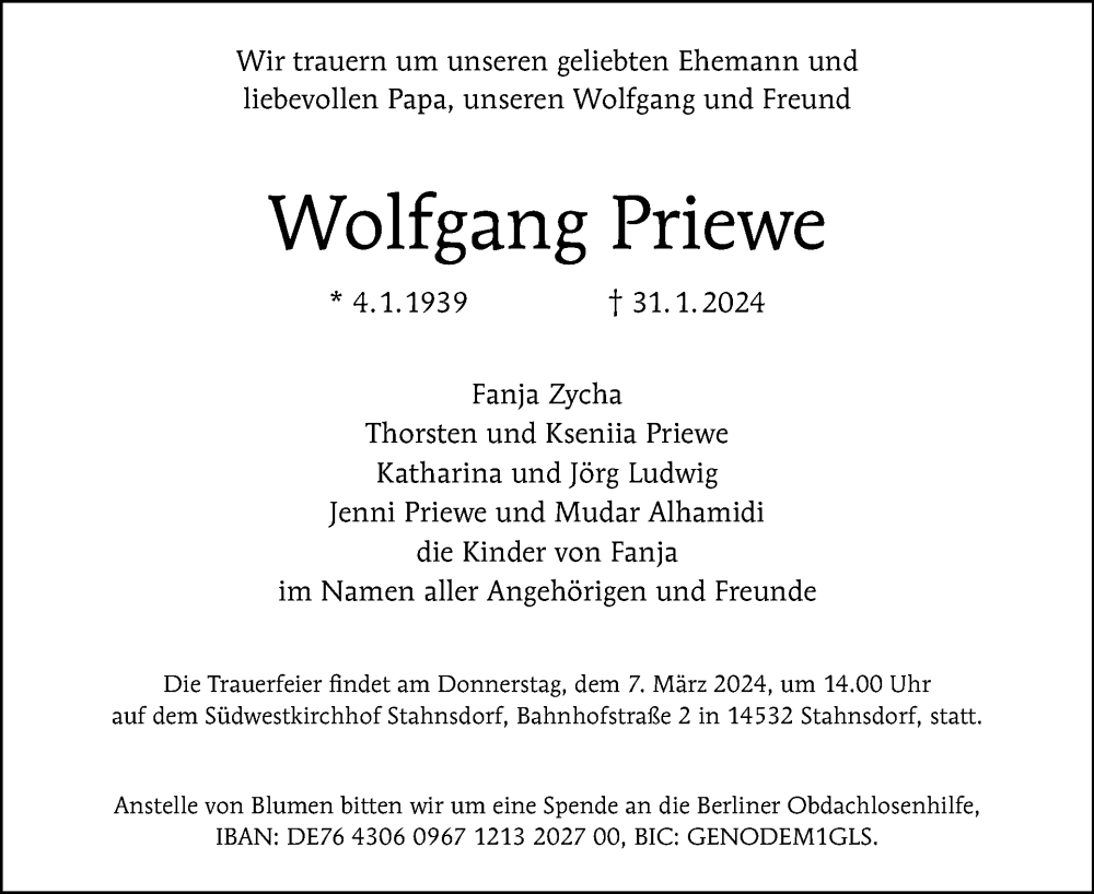  Traueranzeige für Wolfgang Priewe vom 11.02.2024 aus Tagesspiegel