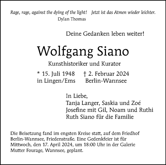 Traueranzeige von Wolfgang Siano von Tagesspiegel