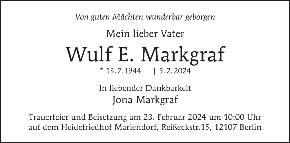  Traueranzeige für Wulf E. Markgraf vom 18.02.2024 aus Tagesspiegel