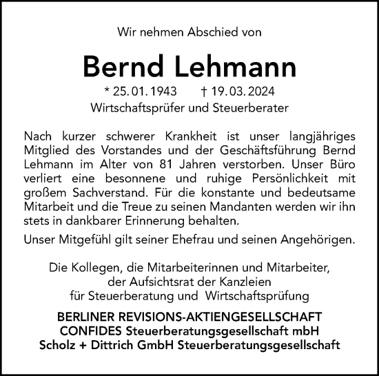 Traueranzeige von Bernd Lehmann von Tagesspiegel