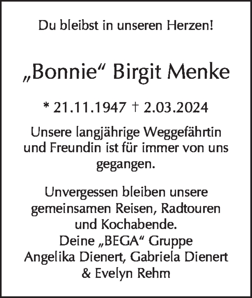  Traueranzeige für Birgit Menke vom 10.03.2024 aus Tagesspiegel