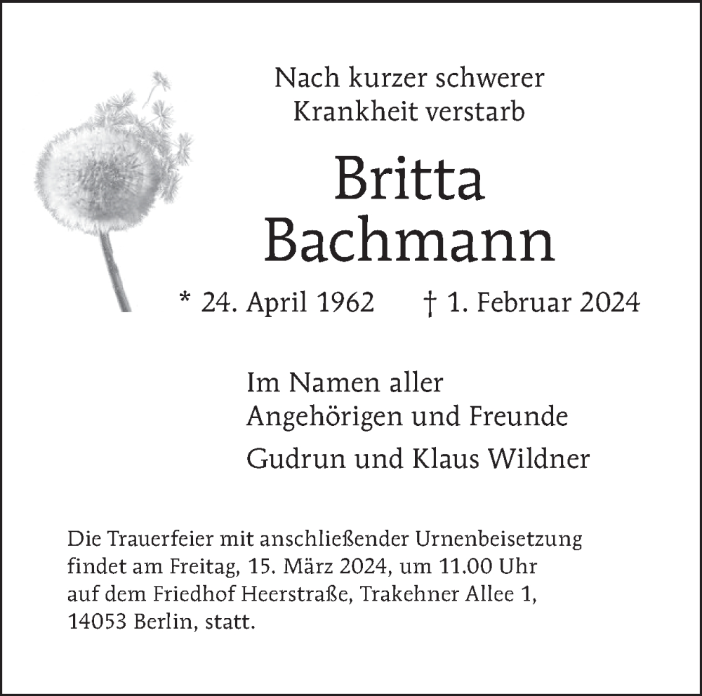  Traueranzeige für Britta Bachmann vom 10.03.2024 aus Tagesspiegel