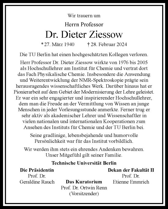 Traueranzeige von Dieter Ziessow von Tagesspiegel