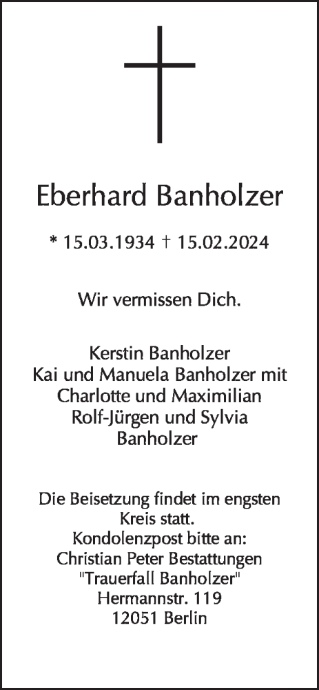 Traueranzeige von Eberhard Banholzer von Tagesspiegel