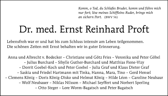 Traueranzeige von Ernst Reinhard Proft von Tagesspiegel
