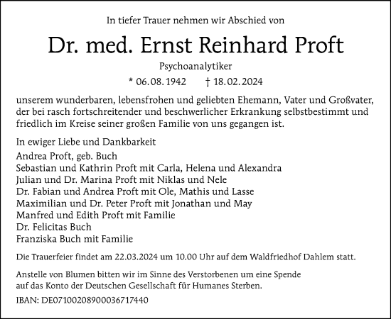 Traueranzeige von Ernst Reinhard Proft von Tagesspiegel