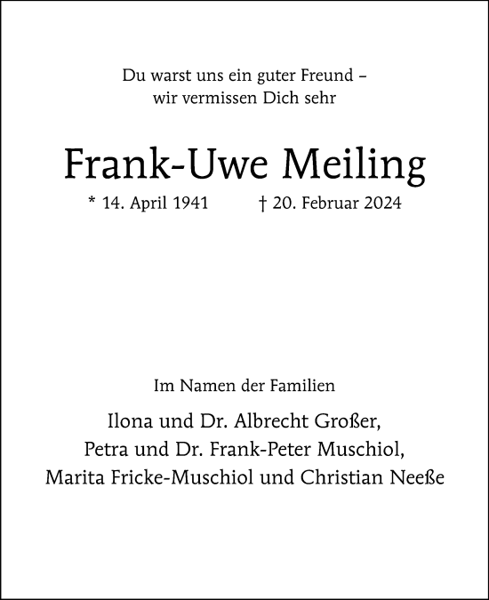 Traueranzeige von Frank-Uwe Meiling von Tagesspiegel