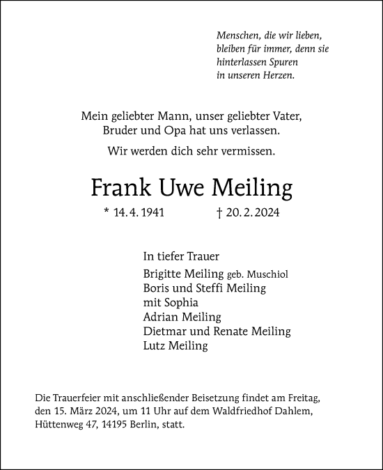 Traueranzeige von Frank Uwe Meiling von Tagesspiegel