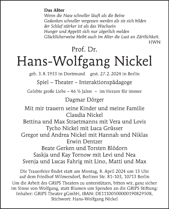 Traueranzeige von Hans-Wolfgang Nickel von Tagesspiegel