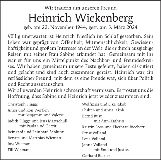Traueranzeige von Heinrich Wiekenberg von Tagesspiegel