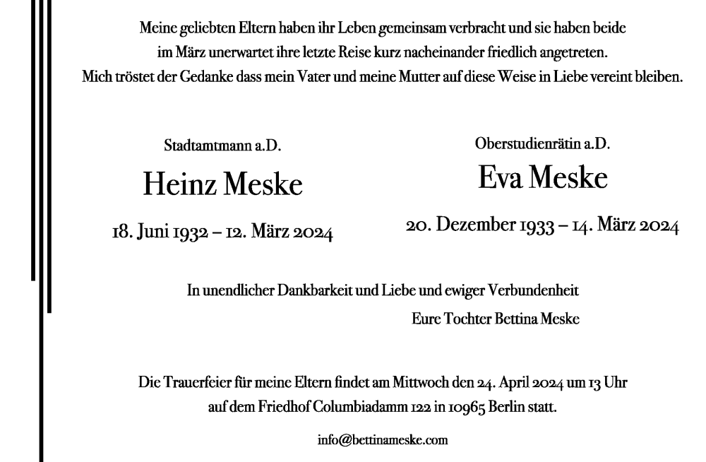  Traueranzeige für Heinz und Eva Meske vom 31.03.2024 aus Tagesspiegel