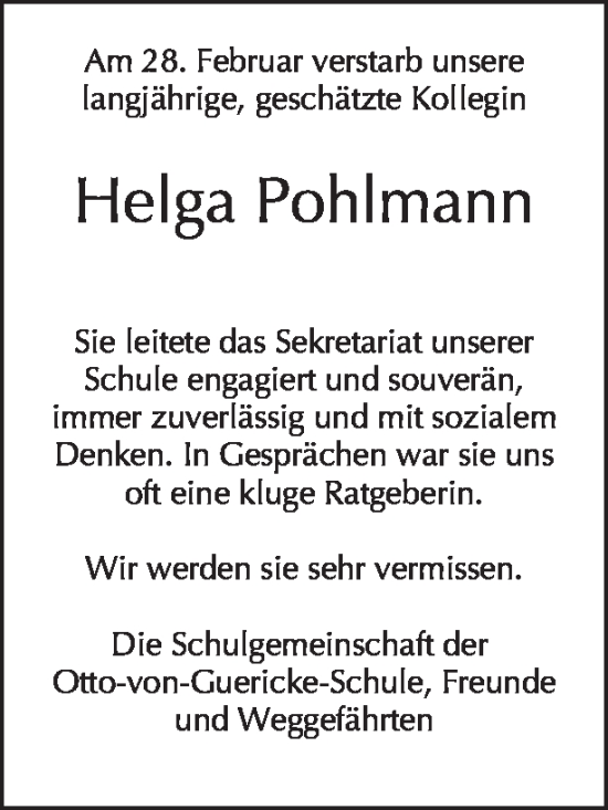 Traueranzeige von Helga Pohlmann von Tagesspiegel