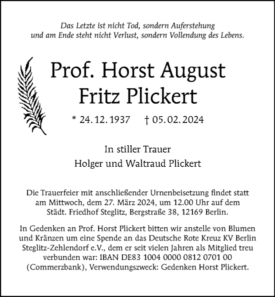 Traueranzeige von Horst August Fritz Plickert von Tagesspiegel