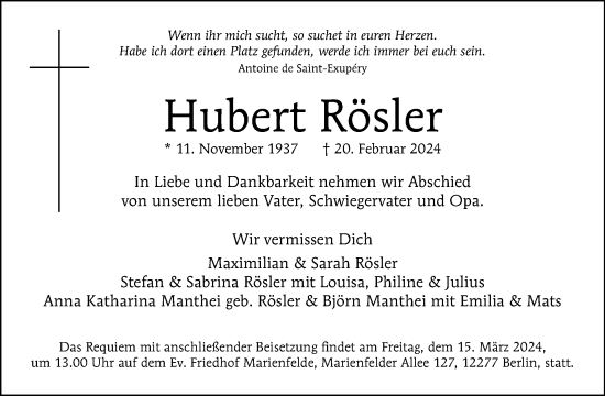 Traueranzeige von Hubert Rösler von Tagesspiegel