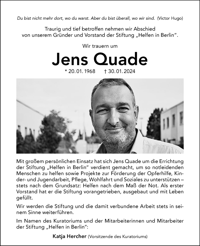  Traueranzeige für Jens Quade vom 03.03.2024 aus Tagesspiegel