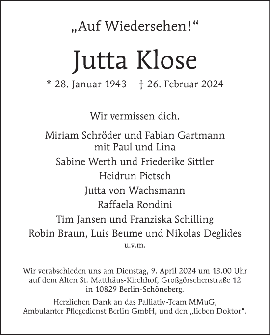 Traueranzeige von Jutta Klose von Tagesspiegel