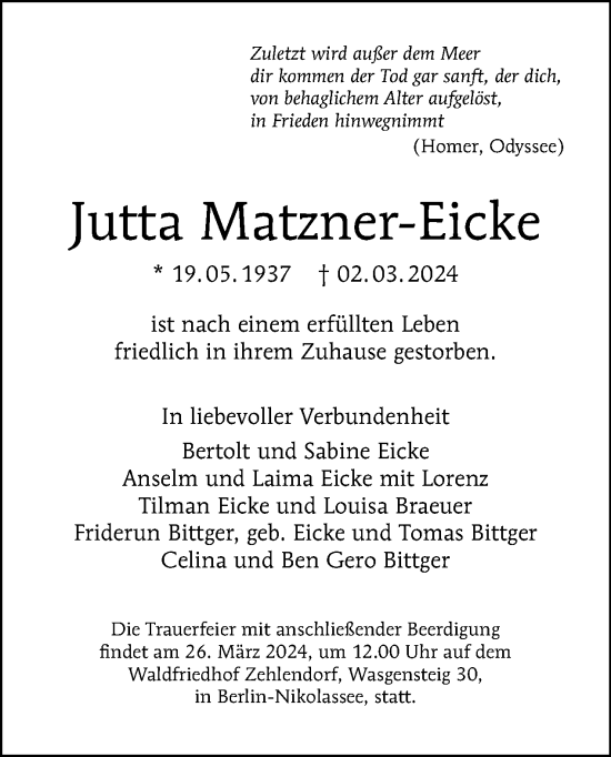 Traueranzeige von Jutta Matzner-Eicke von Tagesspiegel