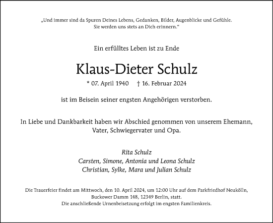 Traueranzeige von Klaus-Dieter Schulz von Tagesspiegel