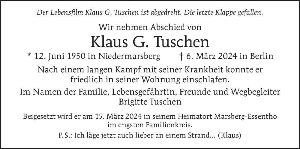  Traueranzeige für Klaus G. Tuschen vom 13.03.2024 aus Tagesspiegel