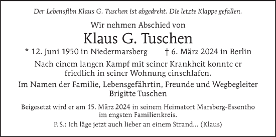 Traueranzeige von Klaus G. Tuschen von Tagesspiegel