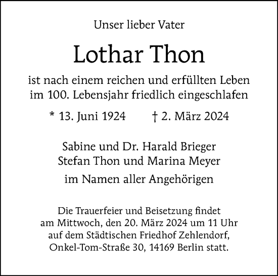 Traueranzeige von Lothar Thon von Tagesspiegel
