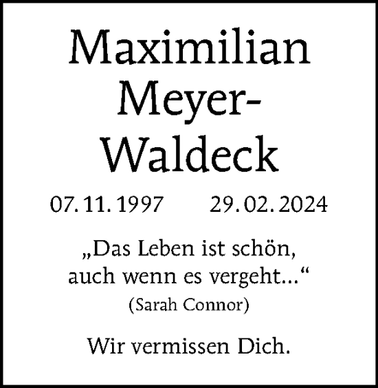 Traueranzeige von Maximilian Meyer-Waldeck von Tagesspiegel