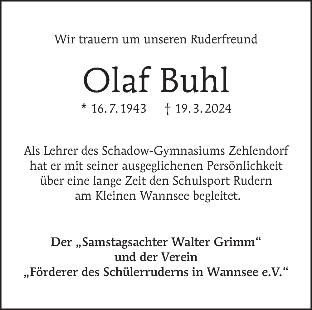  Traueranzeige für Olaf Buhl vom 31.03.2024 aus Tagesspiegel
