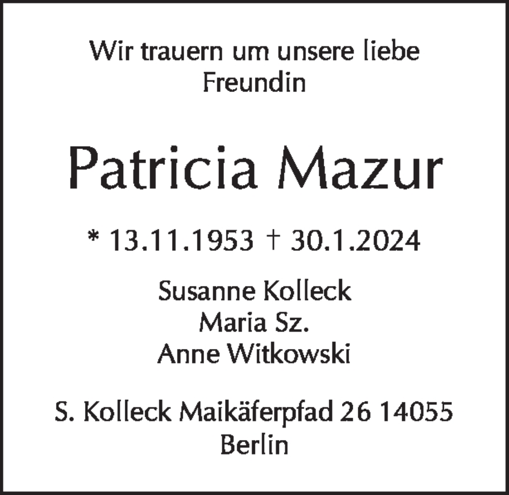  Traueranzeige für Patricia Mazur vom 31.03.2024 aus Tagesspiegel