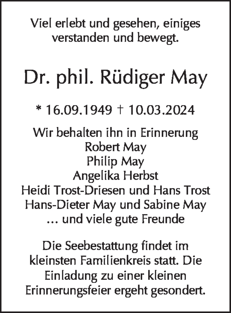  Traueranzeige für Rüdiger May vom 17.03.2024 aus Tagesspiegel