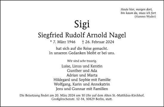 Traueranzeige von Siegfried Rudolf Arnold Nagel von Tagesspiegel