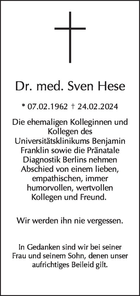  Traueranzeige für Sven Hese vom 03.03.2024 aus Tagesspiegel