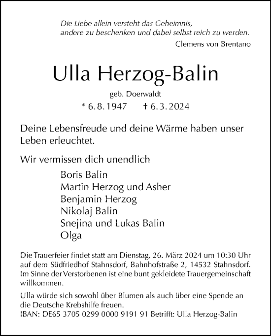Traueranzeige von Ulla Herzog-Balin von Tagesspiegel