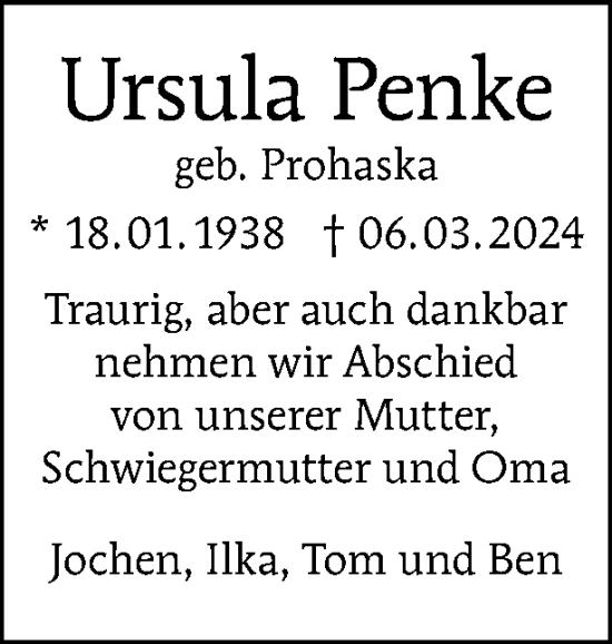 Traueranzeige von Ursula Penke von Tagesspiegel