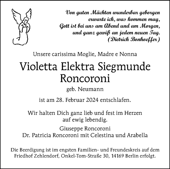 Traueranzeige von Violetta Elektra Siegmunde Roncoroni von Tagesspiegel