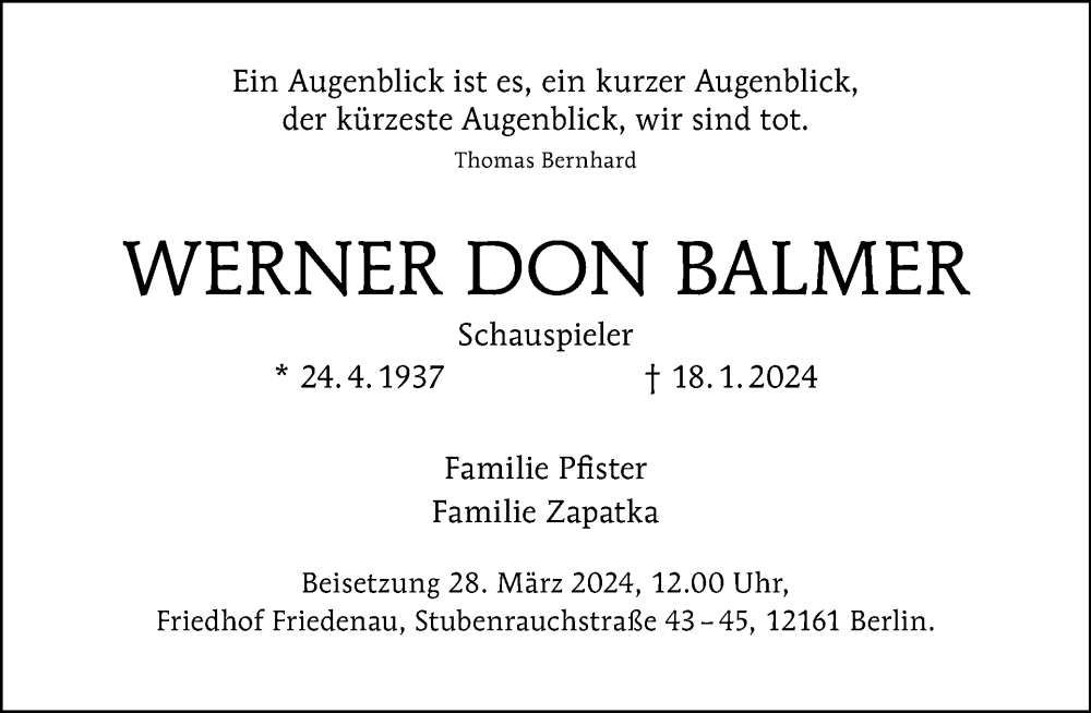  Traueranzeige für Werner Don Balmer vom 22.03.2024 aus Tagesspiegel
