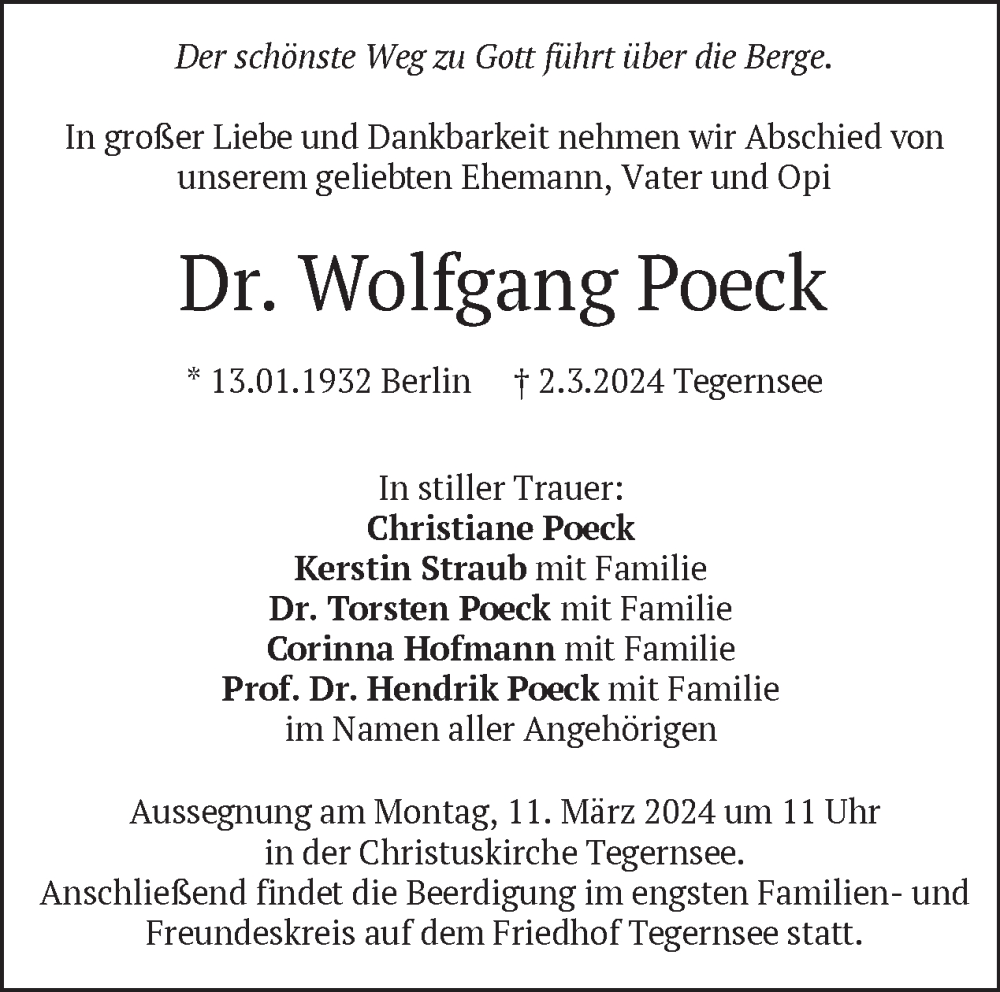  Traueranzeige für Dr. Wolfgang Poeck vom 06.03.2024 aus Tagesspiegel