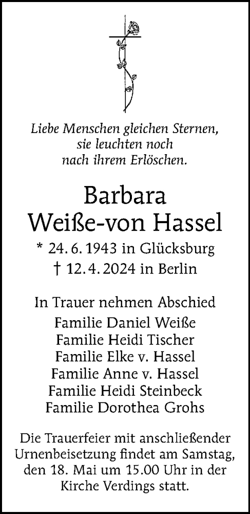  Traueranzeige für Barbara Weiße-von Hassel vom 20.04.2024 aus Tagesspiegel