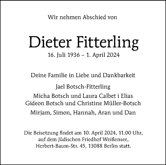 Traueranzeige von Dieter Fitterling von Tagesspiegel